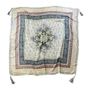 Johnny Was Floral Silk Tassel Scarf 42x42